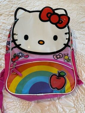 Hello Kitty Pink Rainbow Backpack with Red Bow and Apple Graphic